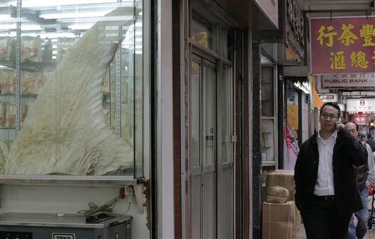 A large shark fin is displayed at a dried seafood shop in Hong Kong on March 8. Some shark species have seen their numbers drop dramatically since the 1980s due to rising demand for shark fin soup especially among China's nouveau rich and for fish and chips in Europe.